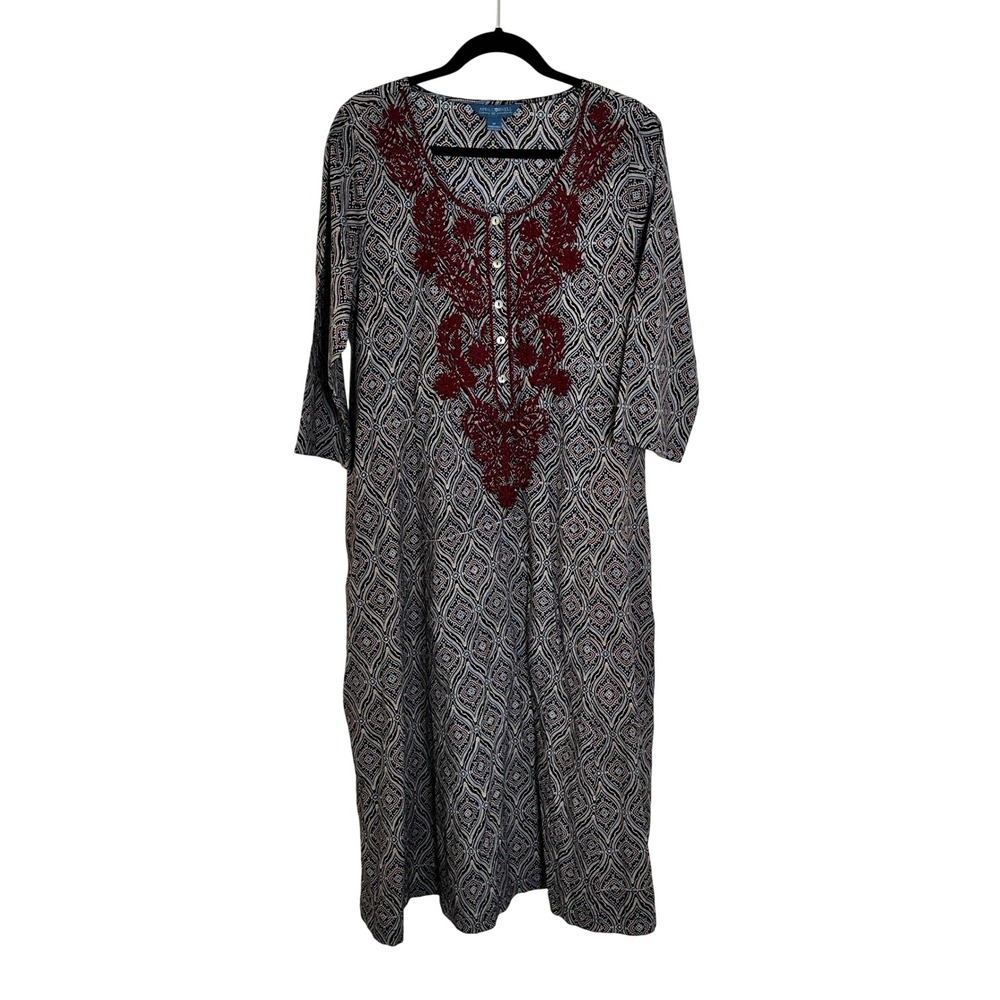 April Cornell Midi Dress Size M Burgundy Black Embroidered Cotton Pockets Boho